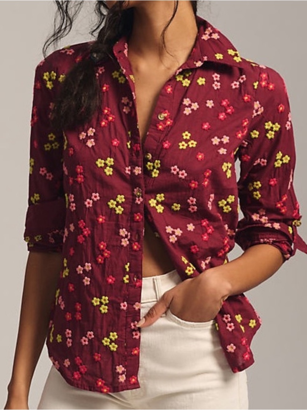 Anthropologie Maeve Maroon Floral Embroidered Long Sleeve Button Up Womens L